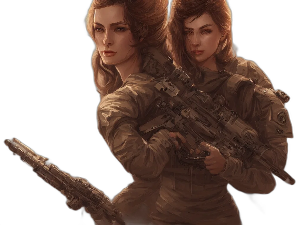 weapon, concept art, comic book art, fantasy art, photorealistic, earth tones, golden, woman transparent PNG cut-out