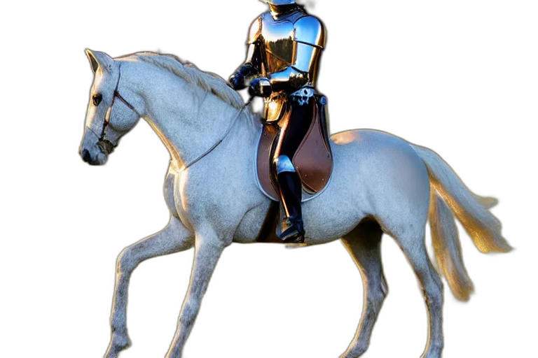 sword, 3d render, photorealistic, concept art, fantasy art, knight, horse, chrome transparent PNG cut-out