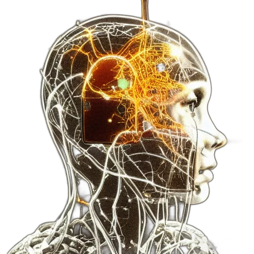 robot, face, concept art, cyberpunk, growing, neurons, all, across transparent PNG cut-out