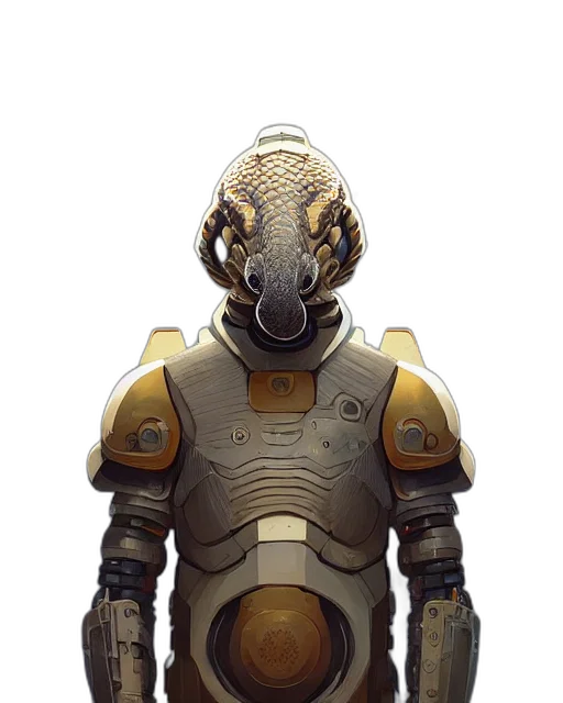 robot, mask, creature, staff, concept art, 3d render, fantasy art, pixel art transparent PNG cut-out