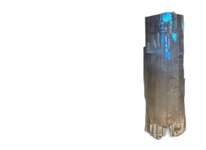 3d render, cyberpunk, concept art, huge, glass, box, city, hidden transparent PNG cut-out