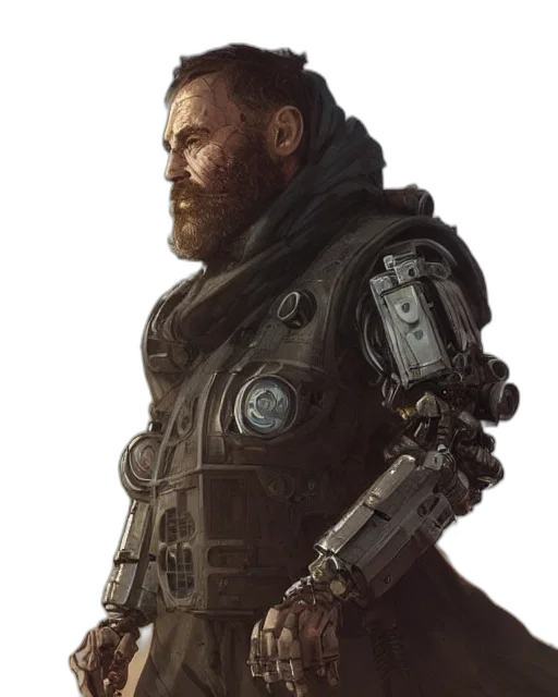 jacket, face, robot, weapon, concept art, cyberpunk, fantasy art, comic book art transparent PNG cut-out
