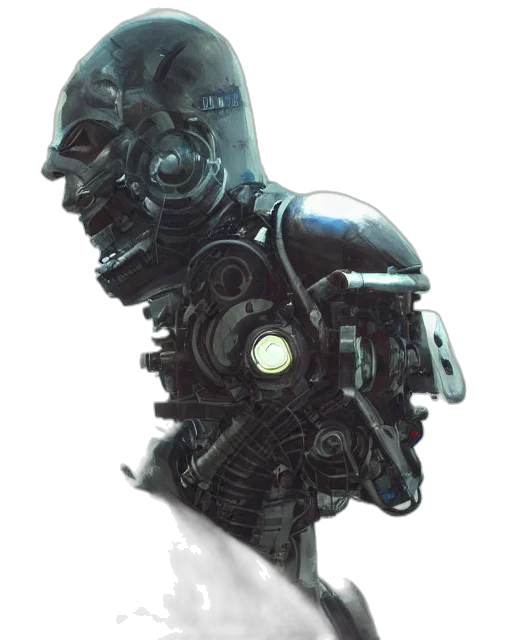 robot, mask, face, staff, concept art, cyberpunk, 3d render, photorealistic transparent PNG cut-out
