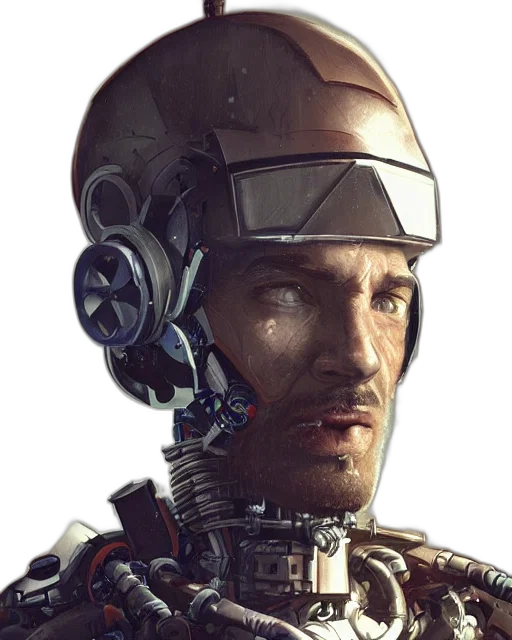robot, face, cyberpunk, concept art, photorealistic, 3d render, rugged, research transparent PNG cut-out