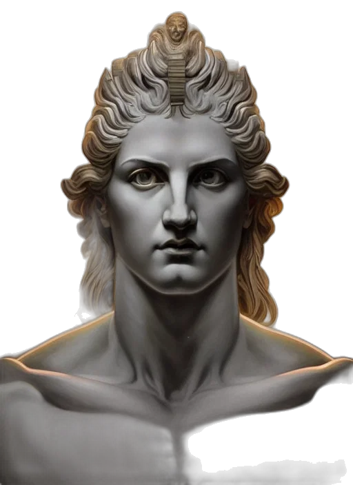 face, crown, mask, hair, photorealistic, 3d render, concept art, fantasy art transparent PNG cut-out