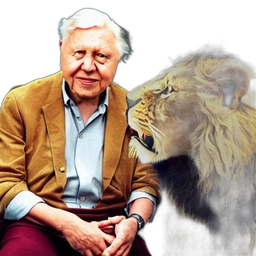 animal, photorealistic, david, attenborough, sitting, restaurant, lion, both transparent PNG cut-out