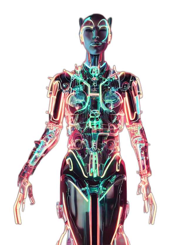 robot, dress, cyberpunk, concept art, 3d render, comic book art, neon lights, full transparent PNG cut-out