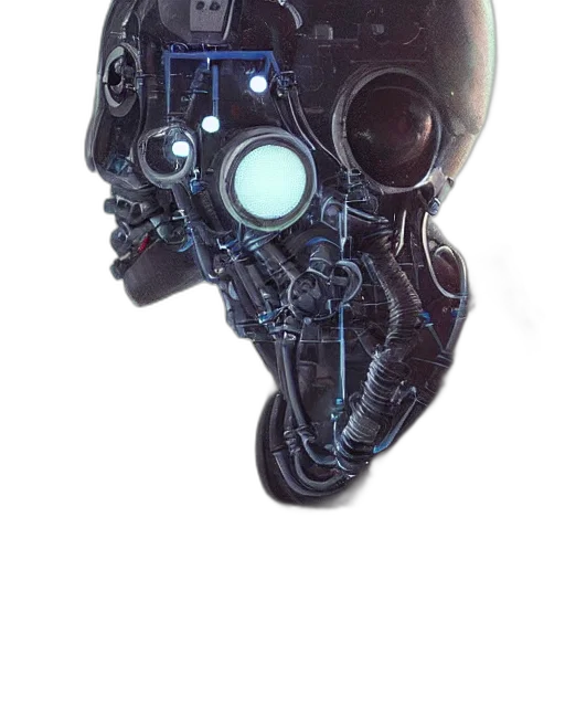 mask, robot, face, weapon, concept art, cyberpunk, 3d render, photorealistic transparent PNG cut-out