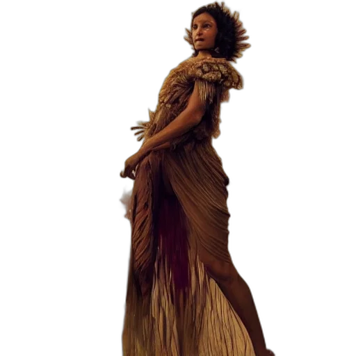 dress, hair, staff, concept art, fantasy art, photorealistic, earth tones, brown transparent PNG cut-out