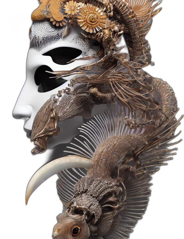 mask, dragon, face, crown, fantasy art, concept art, photorealistic, 3d render transparent PNG cut-out