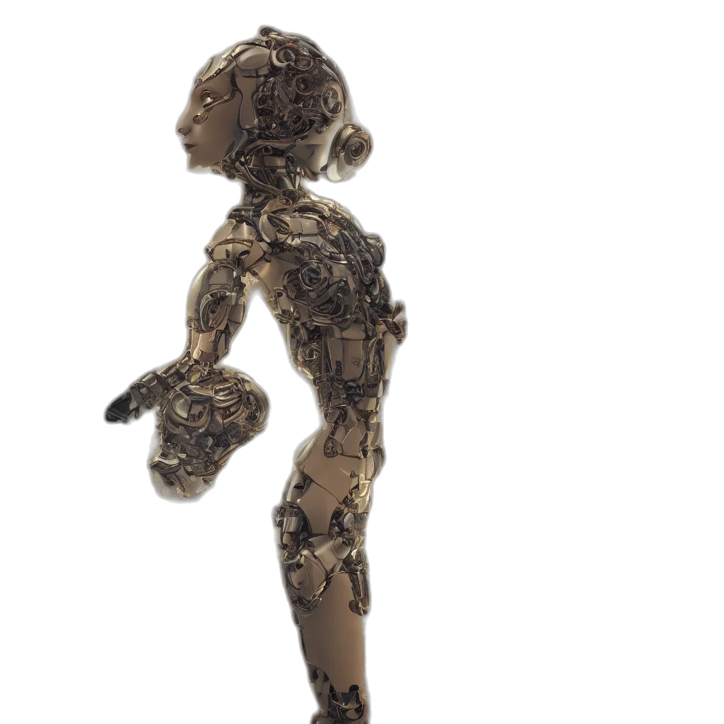robot, staff, dress, hair, 3d render, concept art, fantasy art, earth tones transparent PNG cut-out