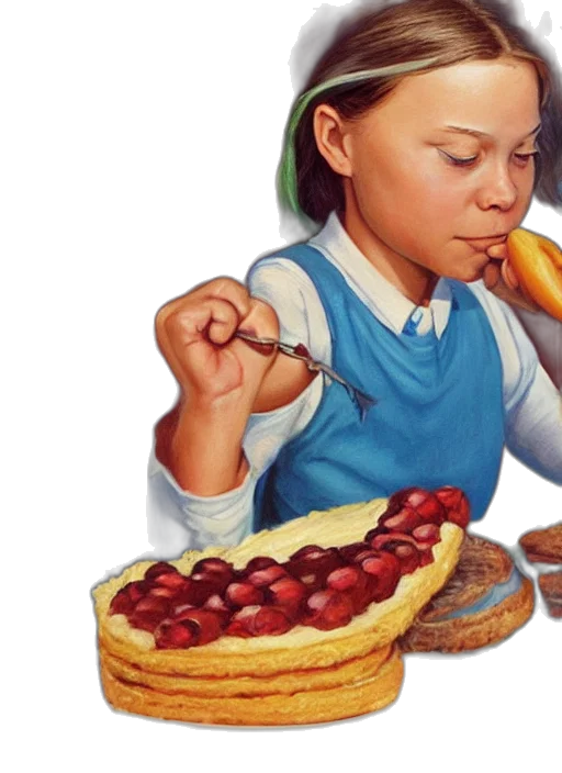 food, photorealistic, oil painting, concept art, 3d render, greta, thunberg, eating transparent PNG cut-out