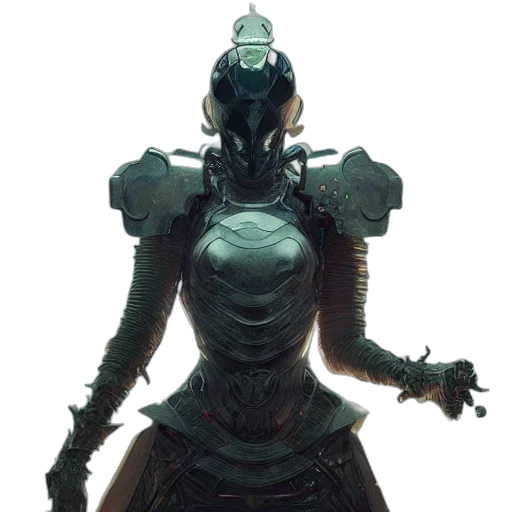 robot, mask, staff, dress, concept art, cyberpunk, 3d render, fantasy art transparent PNG cut-out