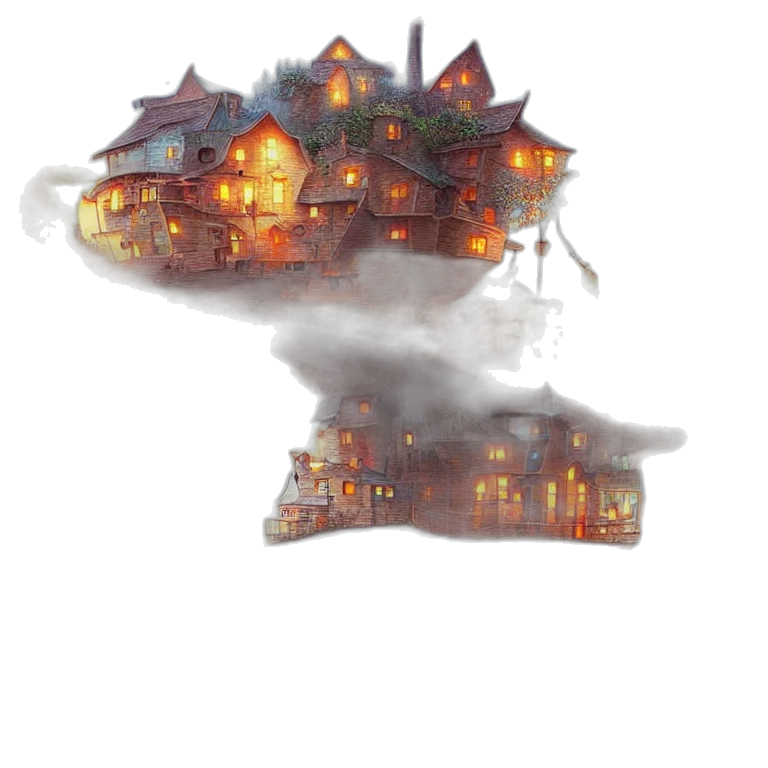 building, concept art, fantasy art, pixel art, watercolor, fog, fire, city street transparent PNG cut-out
