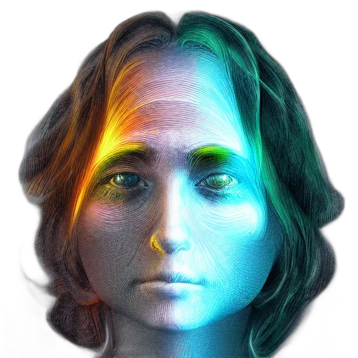 face, mask, robot, hair, photorealistic, 3d render, vaporwave, concept art transparent PNG cut-out