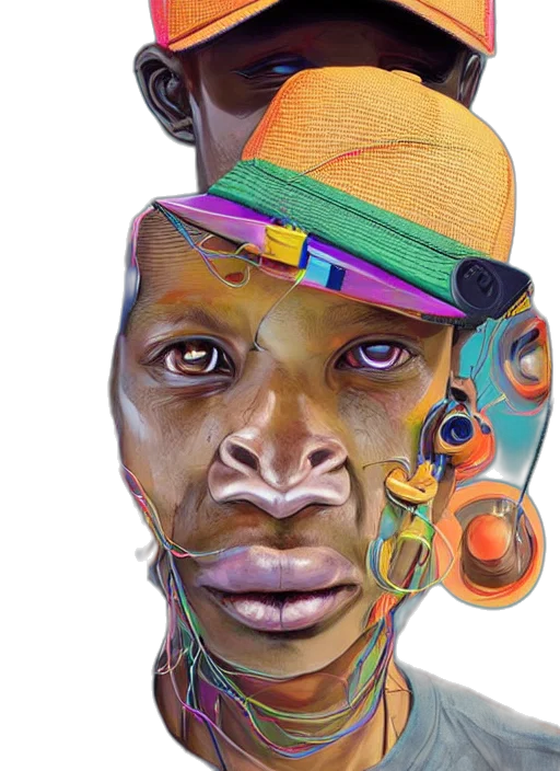 face, mask, hat, robot, photorealistic, concept art, cyberpunk, watercolor transparent PNG cut-out