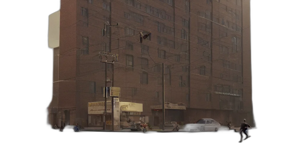 building, car, concept art, photorealistic, 3d render, city street, fog, rain transparent PNG cut-out