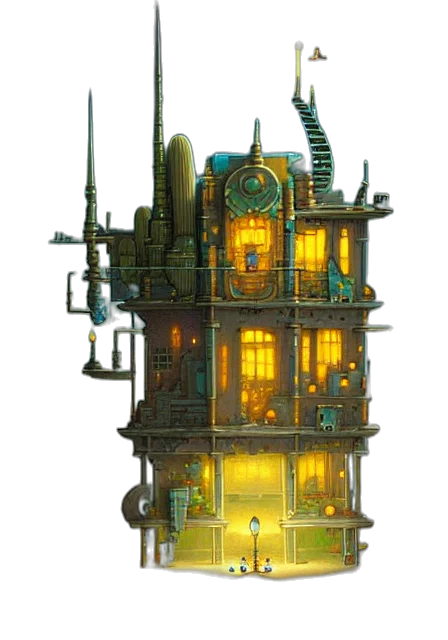 building, furniture, robot, weapon, concept art, fantasy art, 3d render, pixel art transparent PNG cut-out