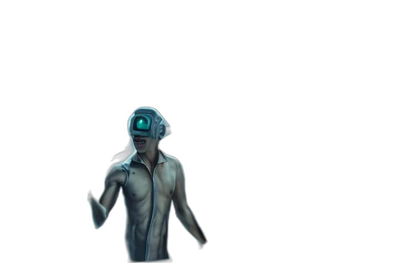 robot, mask, creature, staff, concept art, 3d render, cyberpunk, vaporwave transparent PNG cut-out