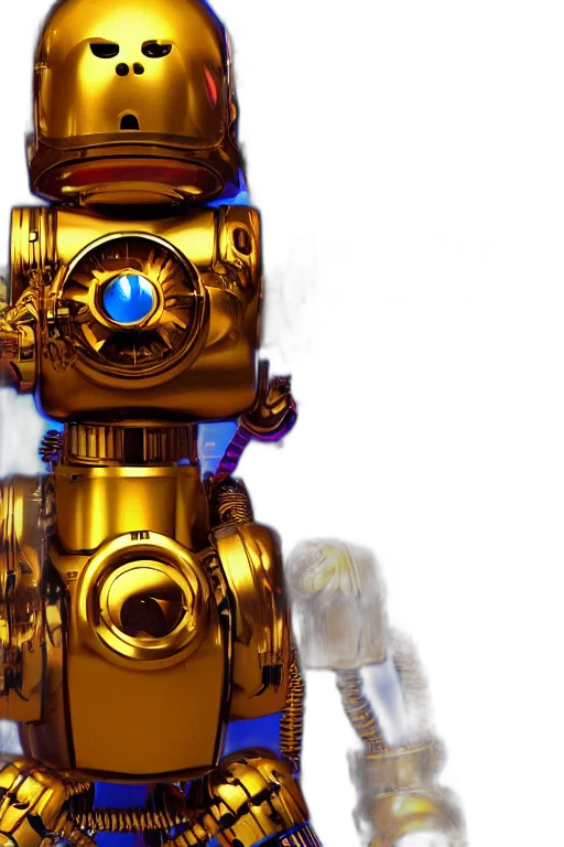 robot, weapon, staff, 3d render, concept art, golden, portrait, photo transparent PNG cut-out