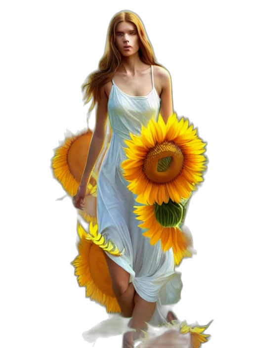 dress, flower, photorealistic, oil painting, fantasy art, concept art, golden, colorful transparent PNG cut-out