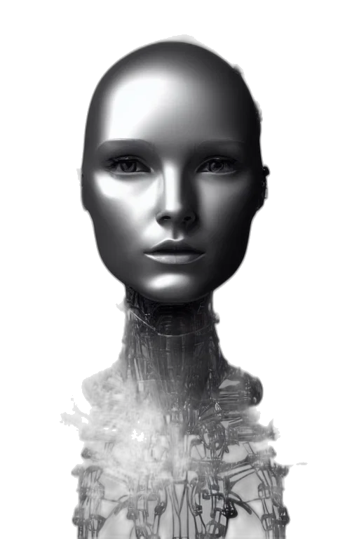 face, robot, mask, hair, photorealistic, concept art, 3d render, cyberpunk transparent PNG cut-out