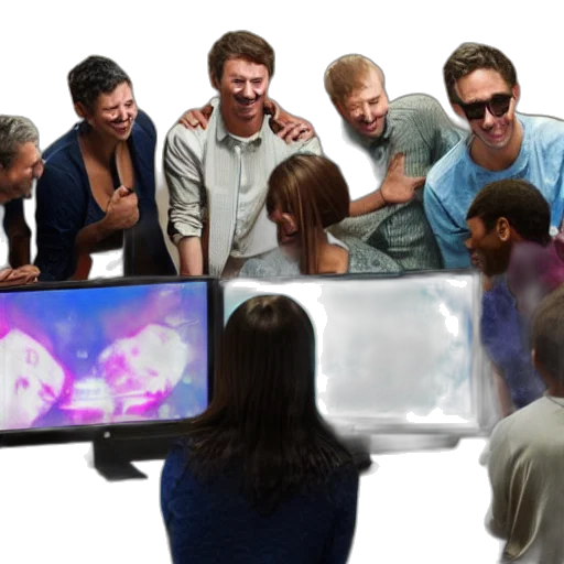 3d render, outer space, bunch, people, around, computer, looking, chat transparent PNG cut-out