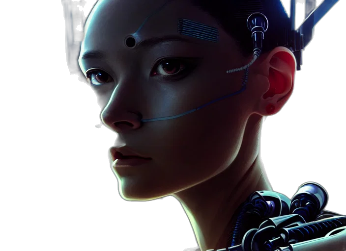 robot, face, cyberpunk, concept art, photorealistic, comic book art, neon lights, blue transparent PNG cut-out