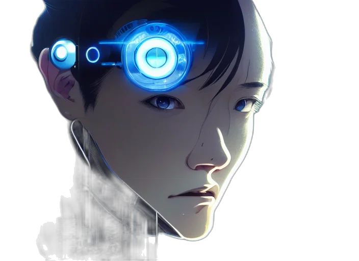 robot, face, cyberpunk, concept art, anime, comic book art, neon lights, blue transparent PNG cut-out