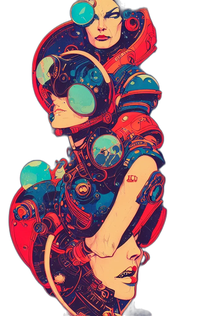 robot, jacket, mask, dress, cyberpunk, concept art, pixel art, comic book art transparent PNG cut-out