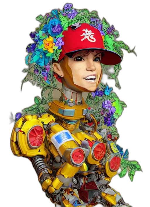 robot, flower, crown, tree, concept art, pixel art, fantasy art, photorealistic transparent PNG cut-out