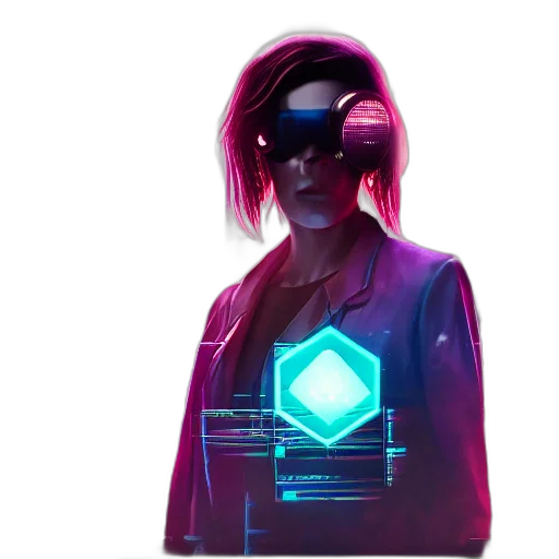 jacket, robot, staff, mask, cyberpunk, concept art, vaporwave, pixel art transparent PNG cut-out