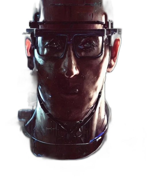 robot, face, staff, mask, cyberpunk, concept art, 3d render, photorealistic transparent PNG cut-out