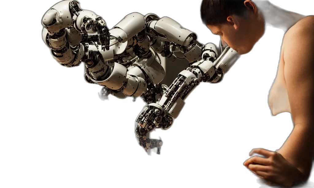 robot, concept art, cyberpunk, 3d render, over, shoulder, studio, portrait transparent PNG cut-out