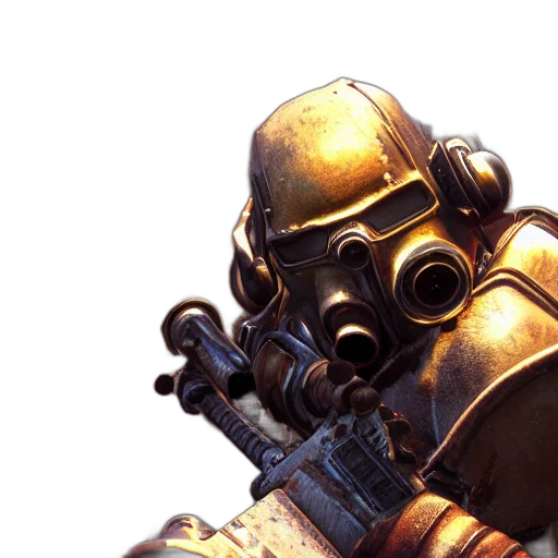 robot, weapon, mask, face, concept art, 3d render, golden, screenshot transparent PNG cut-out
