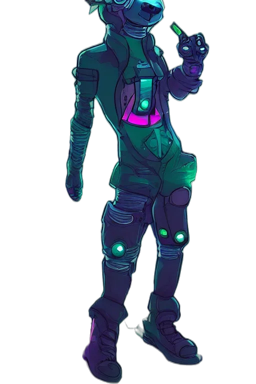 jacket, robot, staff, cyberpunk, concept art, vaporwave, pixel art, neon lights transparent PNG cut-out