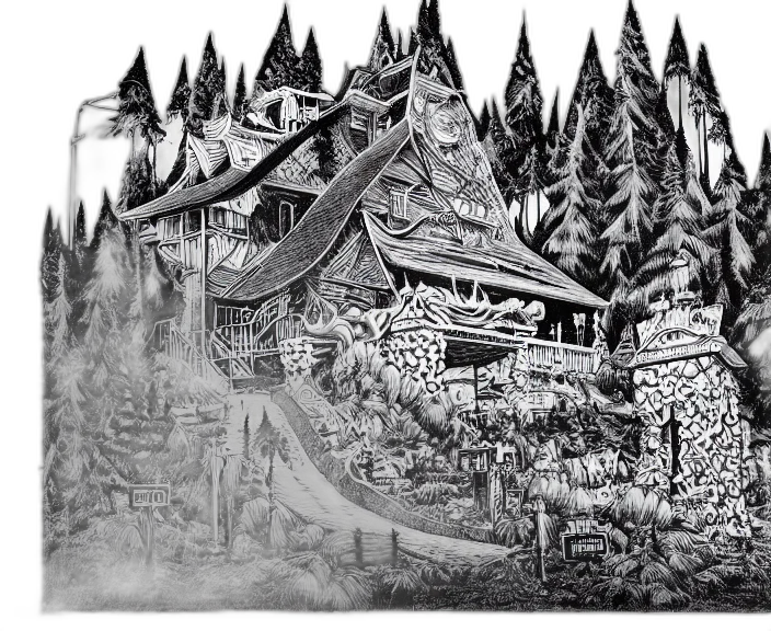 building, concept art, fantasy art, pencil sketch, comic book art, forest, fog, snow transparent PNG cut-out