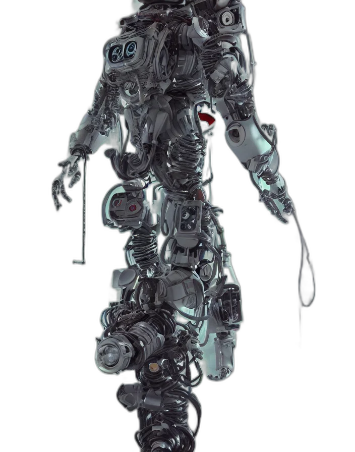 robot, staff, weapon, jacket, concept art, cyberpunk, 3d render, comic book art transparent PNG cut-out