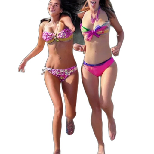 3d render, photorealistic, concept art, fantasy art, girls, bikinis, running, into transparent PNG cut-out