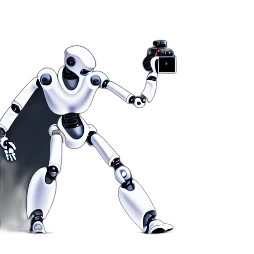 robot, concept art, 3d render, armed, anthropomorphic, killing, man, photographer transparent PNG cut-out