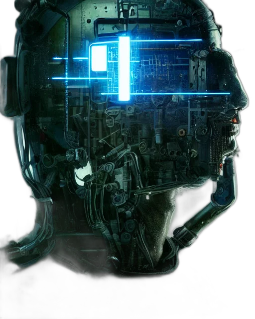 robot, face, mask, weapon, cyberpunk, concept art, pixel art, 3d render transparent PNG cut-out