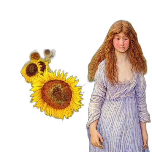 dress, flower, photorealistic, oil painting, concept art, 3d render, golden, girl transparent PNG cut-out