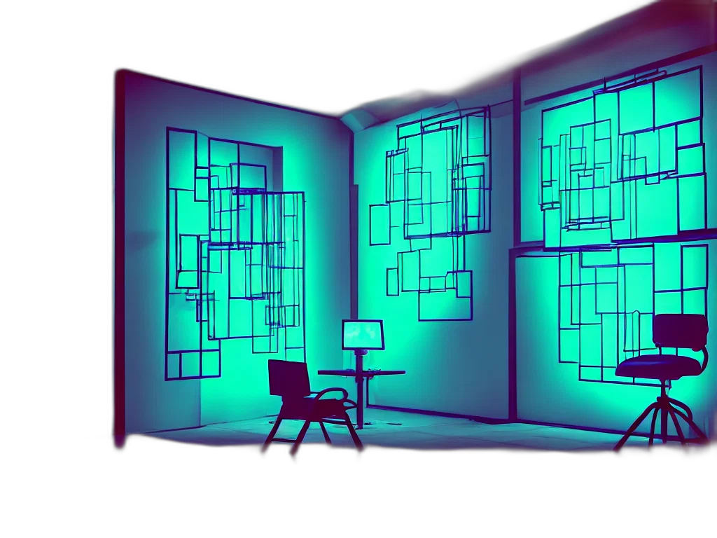 furniture, building, 3d render, concept art, vaporwave, pixel art, neon lights, outer space transparent PNG cut-out
