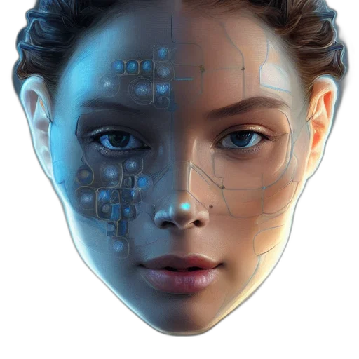robot, face, mask, cyberpunk, concept art, photorealistic, 3d render, blue transparent PNG cut-out