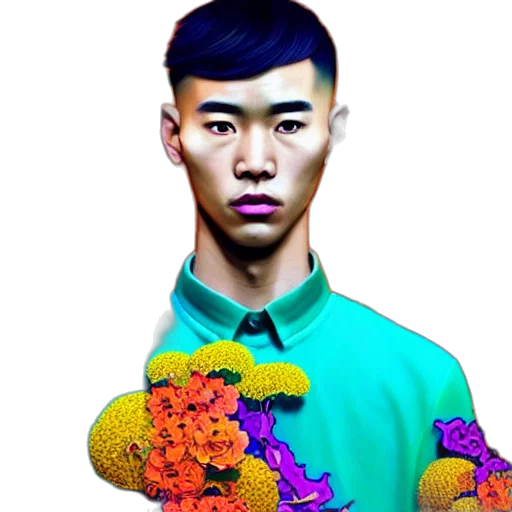 face, flower, jacket, staff transparent PNG cut-out