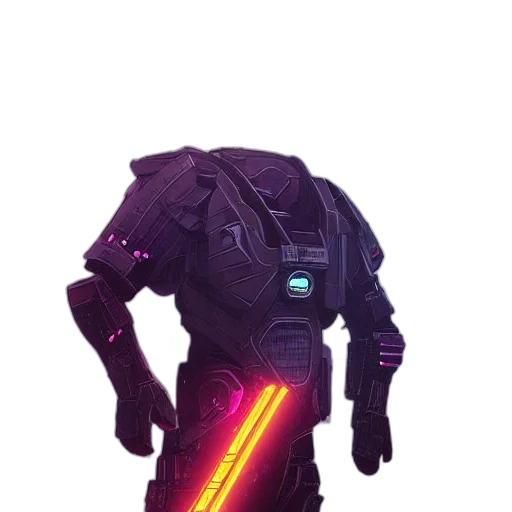 robot, jacket, weapon, staff, cyberpunk, concept art, vaporwave, 3d render transparent PNG cut-out