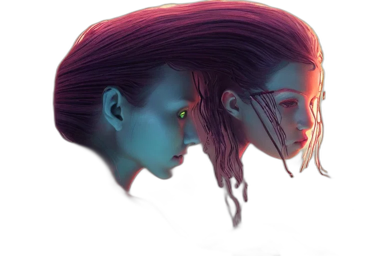 mask, face, hair, concept art, cyberpunk, fantasy art, watercolor, neon lights transparent PNG cut-out