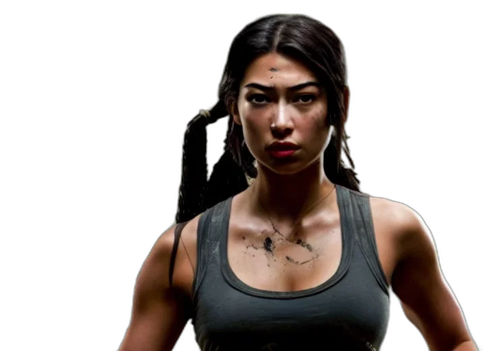 photorealistic, film, still, amber, midthunder, lara, croft, new transparent PNG cut-out