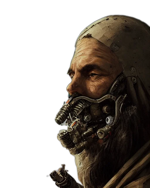 mask, face, concept art, cyberpunk, photorealistic, fantasy art, bearded, cloaked transparent PNG cut-out
