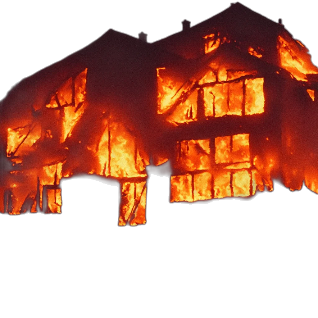 building, jacket, 3d render, concept art, photorealistic, fire, house, almost transparent PNG cut-out
